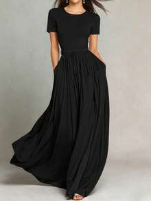 HUTENER Langes Damenkleid für Frühling/Sommer, tailliertes Kleid mit Bindebändern, elegantes Outfit für Strandurlaub, Alltag, Dates und Partys in Schwarz - Schwarz - Übersicht 2