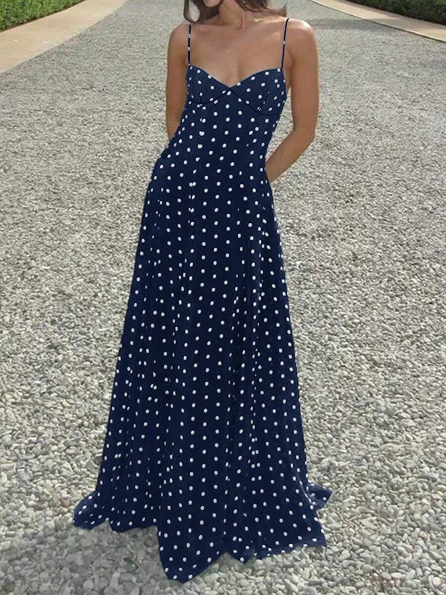 女士波点印花V领无袖露背连衣裙，随机印花，优雅梭织面料，适合晚宴约会、海滩、生日派对、夏季度假等场合。