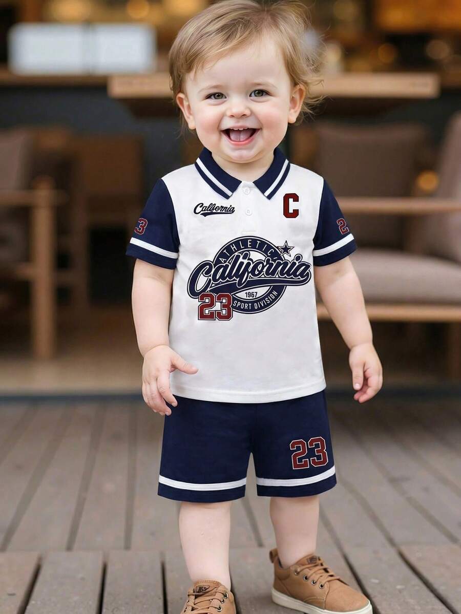 2pcs Baby Boys' Spring/Summer Outfit, Letter Print Polo Shirt + Casual Shorts Set, Suitable For 9 Months To 3 Years Old Toddlers Daily Wear - White - View 1