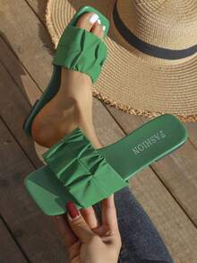 Spring & Summer Fashion Pleated Strap Sandals With Faux Pearl & Flower Decor, Transparent Strap Element, Simple & Elegant Solid Color Flat Slippers - Green - View 3