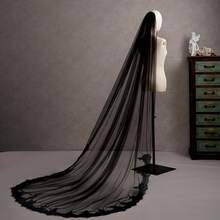 1pc Handmade Lace Edge Bridal Veil, Dark & Elegant Styledramatic Floor Length Cathedral Wedding Hair Accessory Fall Clothes For Women - Black - View 10