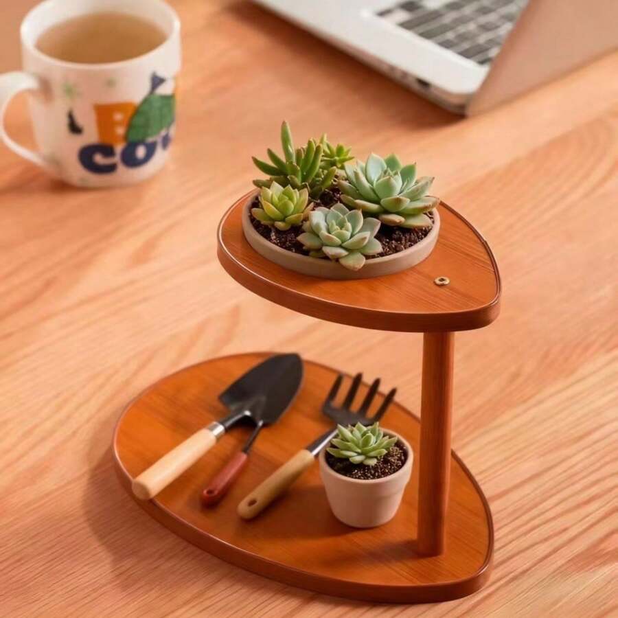1 pieza Estantería de escritorio de madera de 2 niveles, diseño artístico en forma de gota para decoración de escritorio, soporte para plantas verdes/suculentas, organizador de llaves para entrada, soporte para relojes, soporte para joyas y maquillaje para dormitorio, organizador de bolígrafos para oficina y estudio - Ver 1