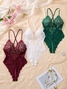 3件套女士花卉蕾丝透视网纱交叉露背连体衣套装 - 彩色 - 查看 1