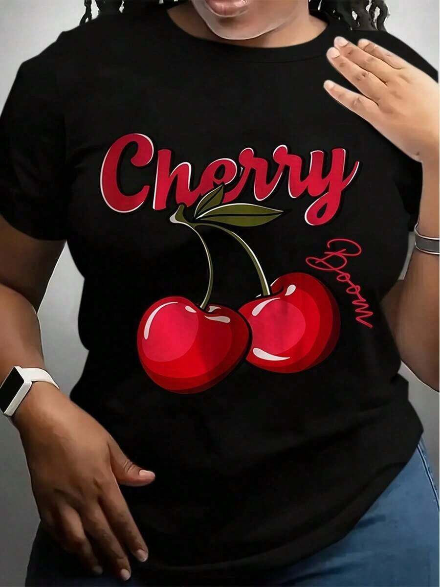 Women's Washed Cherry Graphic T-Shirt, Premium Quality Print  Hand-Picked Cherries Design, Summer Casual Top, Medium Elasticity Fabric - White - View 1