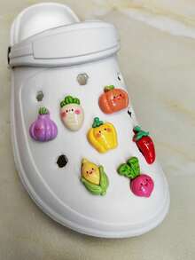 7件套可爱蔬菜表情DIY鞋饰套装，适用于镂空木屐、沙滩凉鞋、拖鞋 - 彩色 - 查看 4