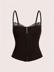 Top de tirantes negro de punto elegante para mujer con cuello de corazón, adorno de encaje y detalle de botones - Negro - Ver 6