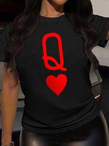 Camiseta de moda, sencilla, con diseño de corazón rojo, estilo "Queen", adecuada para las cuatro estaciones, suave y cómoda. - Negro - Ver 1
