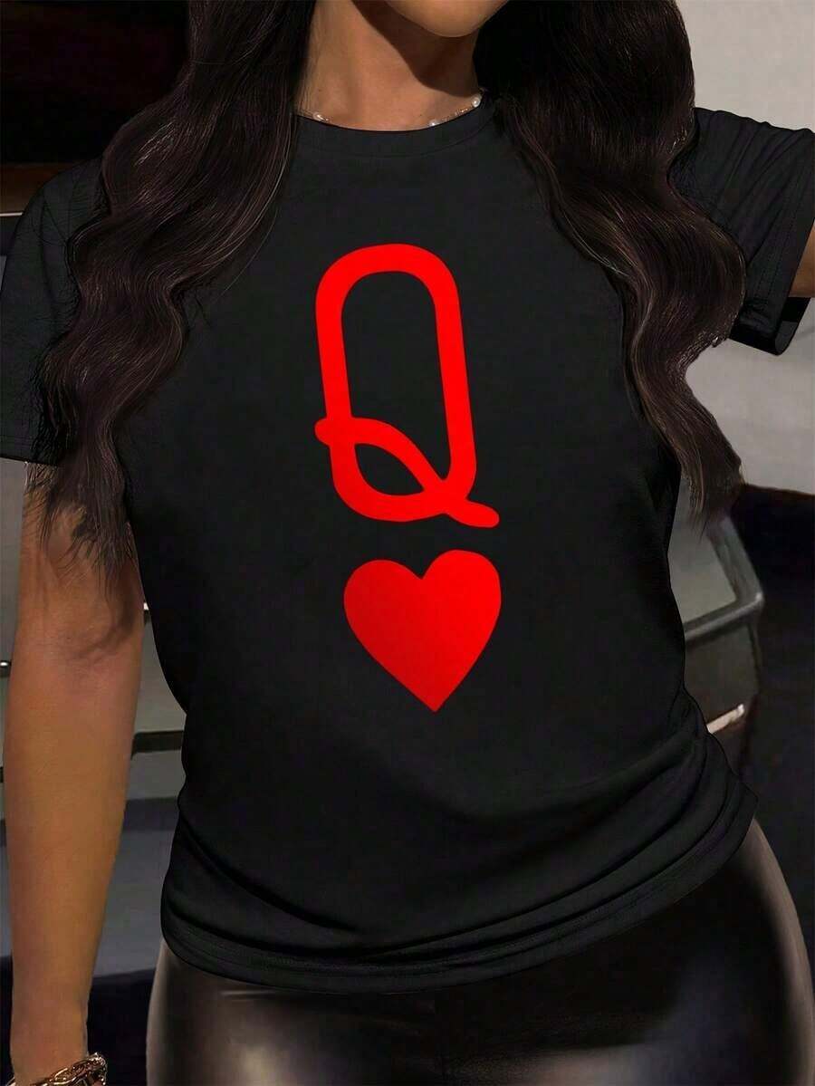 Camiseta de moda, sencilla, con diseño de corazón rojo, estilo "Queen", adecuada para las cuatro estaciones, suave y cómoda. - Negro - Ver 1