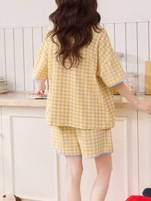 2pcs Women Pajama Set, Short Sleeve Cardigan And Shorts, Skin-Friendly Sleepwear For Summer - Yellow - View 2