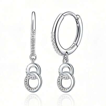 纯银防过敏女士耳环，镶嵌立方氧化锆，环扣式耳环，时尚精致，生日礼物