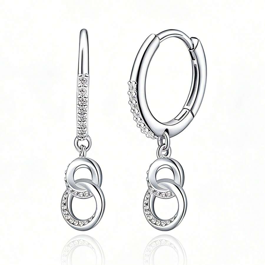 纯银防过敏女士耳环，镶嵌立方氧化锆，环扣式耳环，时尚精致，生日礼物 - 銀色 - 查看 1