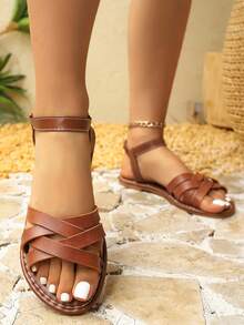 Giày sandal nữ da nâu đế bằng mới, sandal La Mã quai chéo, sandal liền thân co giãn thoải mái, sandal đi biển chống trượt chống thấm nước, sandal kiểu Pháp thanh lịch và đa năng. - màu nâu - Xem 3