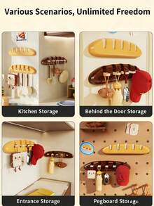 可爱法棍造型墙钩，免钻孔粘贴式衣帽架，带L型挂钩，节省空间，适用于厨房、玄关和浴室 - 彩色 - 查看 7