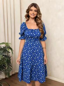 Women's Midi Dress With Floral Print, Square Neckline, Puff Sleeves, A-Line Silhouette, Ruffled Hem, Knee-Length. - 寶藍色 - 查看 6