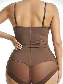 Große Größen 1 Stück Formende Unterwäsche für Damen, Damen Bodysuit, enge Bustier mit BH-Körbchen, Dreireihiger Schnallenverschluss für einfache Toilettenbenutzung, modisch sexy Mesh Bodycon - Kaffeebraun - Übersicht 4