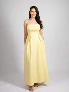 Women's Long Strapless Dress With Tie-Up At The Back In Premium Tailoring, Elegant, Sensual - Màu vàng - Xem 5