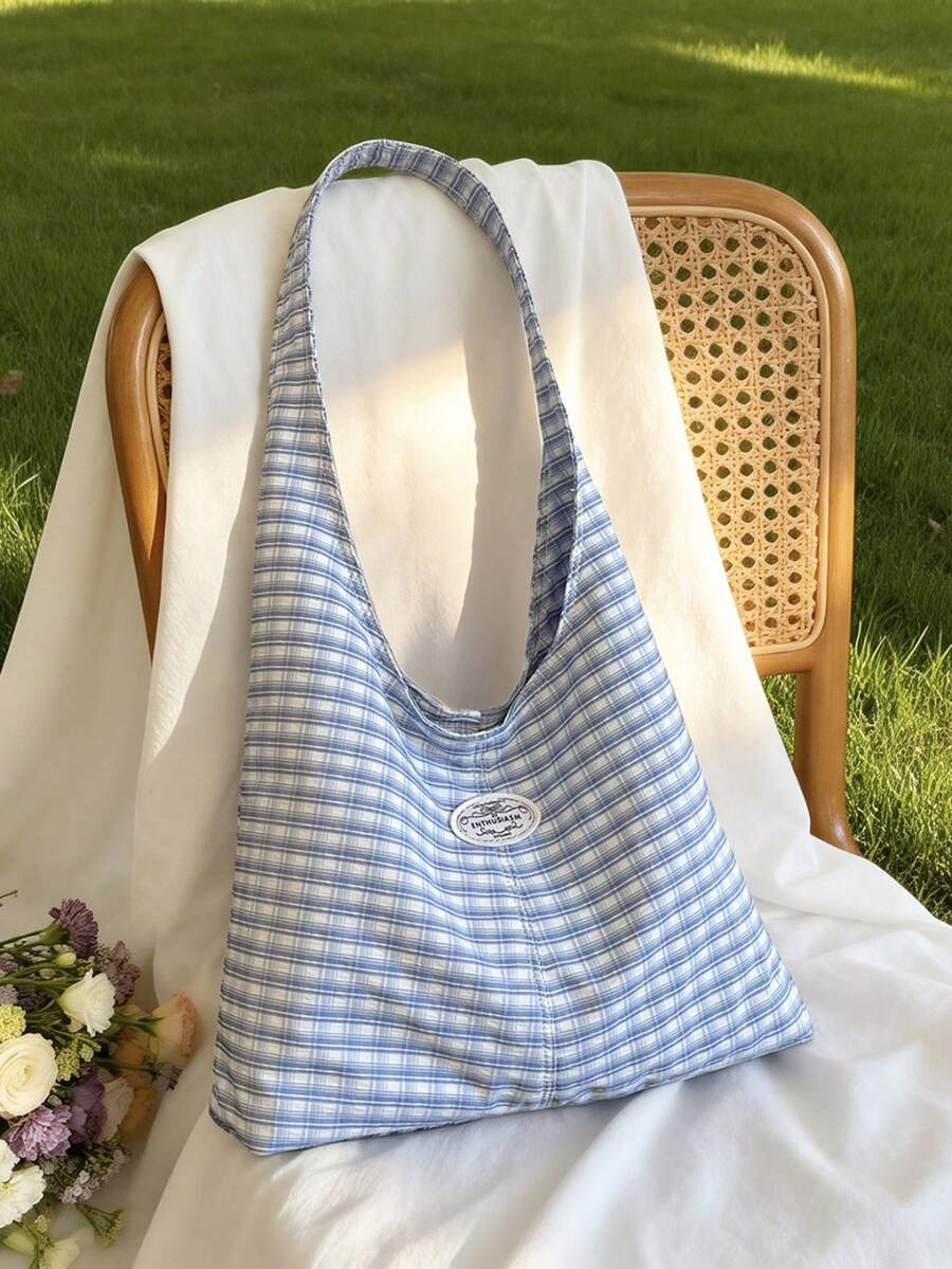 Stylish Casual Contrast Plaid Canvas Tote Bag, Large Capacity Commuter Personalized Lightweight Shoulder Bag