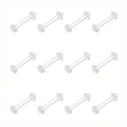 一套12个透明UV亚克力16g可佩戴杆，长度10mm，平头带O型环，适用于唇部、耳骨、耳廓、耳屏穿孔，可作耳钉固定器，男女日常佩戴。
