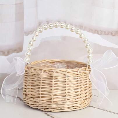 Handwoven Natural Rattan Flower Girl Basket, Pearl Petal Handle Colorful Bow Pumpkin Shaped Bridesmaid Gift Basket, Suitable For Halloween, Christmas, Wedding, Party, Festival Decoration, White Wedding Basket, Wedding Supplies, Party Supplies, Soft Decor