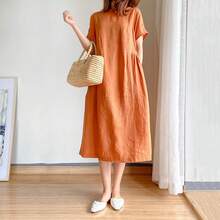 Women Summer 2026 New Simple Artistic Loose Fitting Slimming Cotton Linen Mid Length Dress - 紫色 - 查看 2