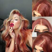 DZfirst Tóc giả ren sóng nhẹ 13x4 HD, tóc giả ren phía trước dài 28 inch đã được tỉa sẵn, tóc giả ren phía trước tổng hợp, dễ đội, sử dụng hàng ngày. - Đánh dấu màu đỏ - Xem 4