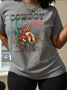 Women's Cotton Graphic T-Shirt - Cowgirl Take Me Away Desert Print, Loose Fit Short Sleeve Round Neck, Breathable Casual Summer Tee For Parties & Daily Wear, Ladies T Shirts, Cowboy Theme Shirt, Comfortable Fabric, Party Outfit, Cartoon Design, Soft Material, Printed Top, Adults - 灰色 - 查看 2