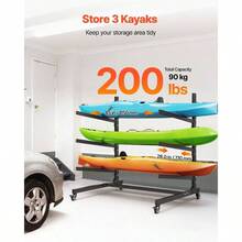 Kayak Storage Rack 3 Kayaks, Holds 200 Lbs, Heavy Duty Adjustable Freestanding Stand With Lockable Wheels Indoor Outdoor Garage Shed Dock, Holder Canoe, Surfboard Paddleboard - Default - View 2