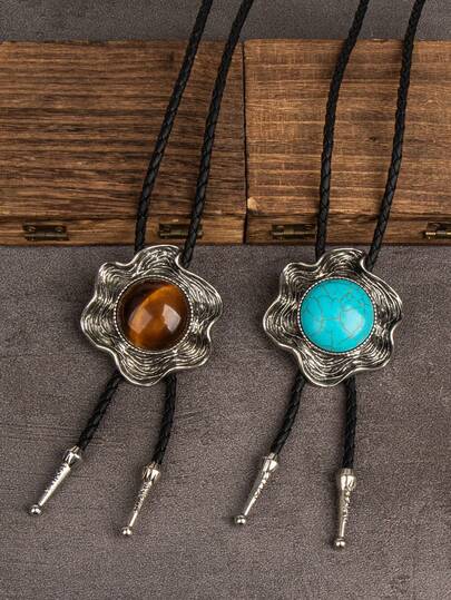 1pc Vintage American Style Black Agate Shield Bolo Tie