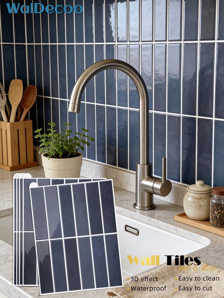 WalDecoo 4/10/20 tấm giấy dán tường họa tiết gạch xanh dương kích thước 11,43in x 9in, chống thấm nước, thích hợp cho phòng khách, bếp, phòng tắm, phong cách Scandinavia.