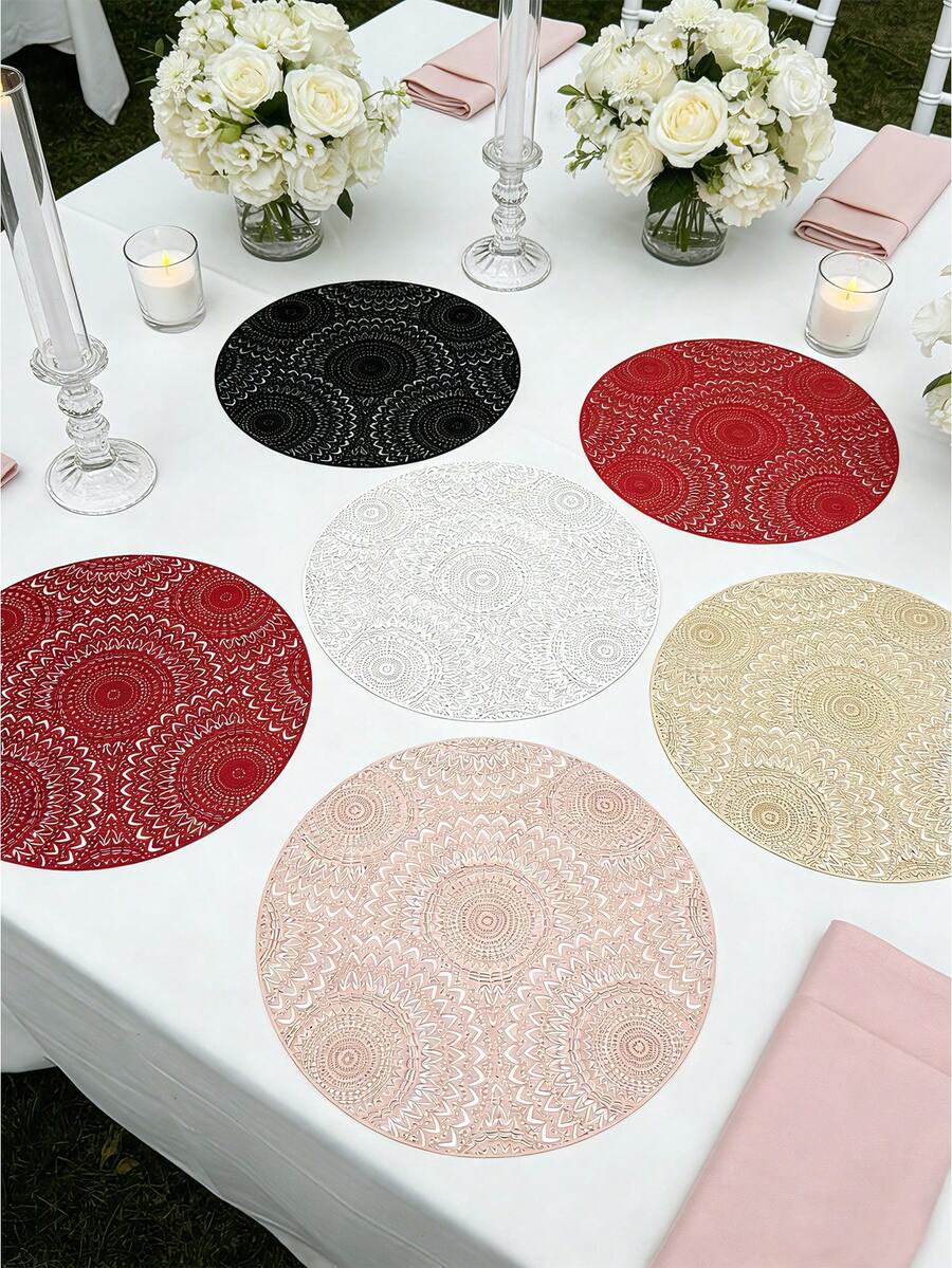 1/4/6pcs Faux Mechanical Gear PVC Gold Foil Placemats, Hotel Restaurant Decor Heat Insulation Non-Slip Table Mats, Suitable For Wedding Party, Christmas, Valentine's Day, Holiday Celebration, Picnic, Birthday Banquet Table Decoration - Multicolor - View 1