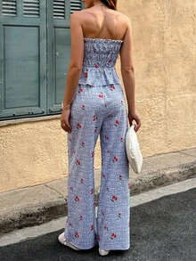 Bộ đồ hai mảnh mùa hè giản dị in hình quả anh đào, áo crop top kẻ caro buộc dây phía trước, viền bèo nhún, trang phục dự tiệc cho nữ, họa tiết hoa không đối xứng. - Nhiều màu - Xem 5