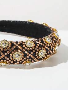 1pc Black Sponge High Crown Retro Baroque Women's Headband, Rhombus Fully Studded Shiny Elegant Ball Gown Headpiece, Versatile Hair Accessory - Brown - View 3