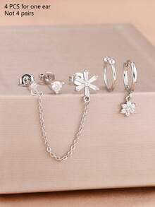 3件套优雅锆石花朵流苏链条吊坠耳环套装，女士耳骨穿孔耳钉饰品 - 1-Silver-4PCS - 查看 5