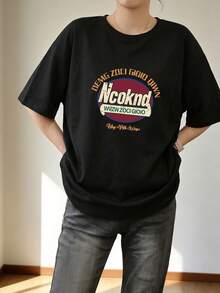 Women's Round Neck Short Sleeve T-Shirt, Summer New Letter Print, Fashion Casual Versatile Loose Top - Black - View 2