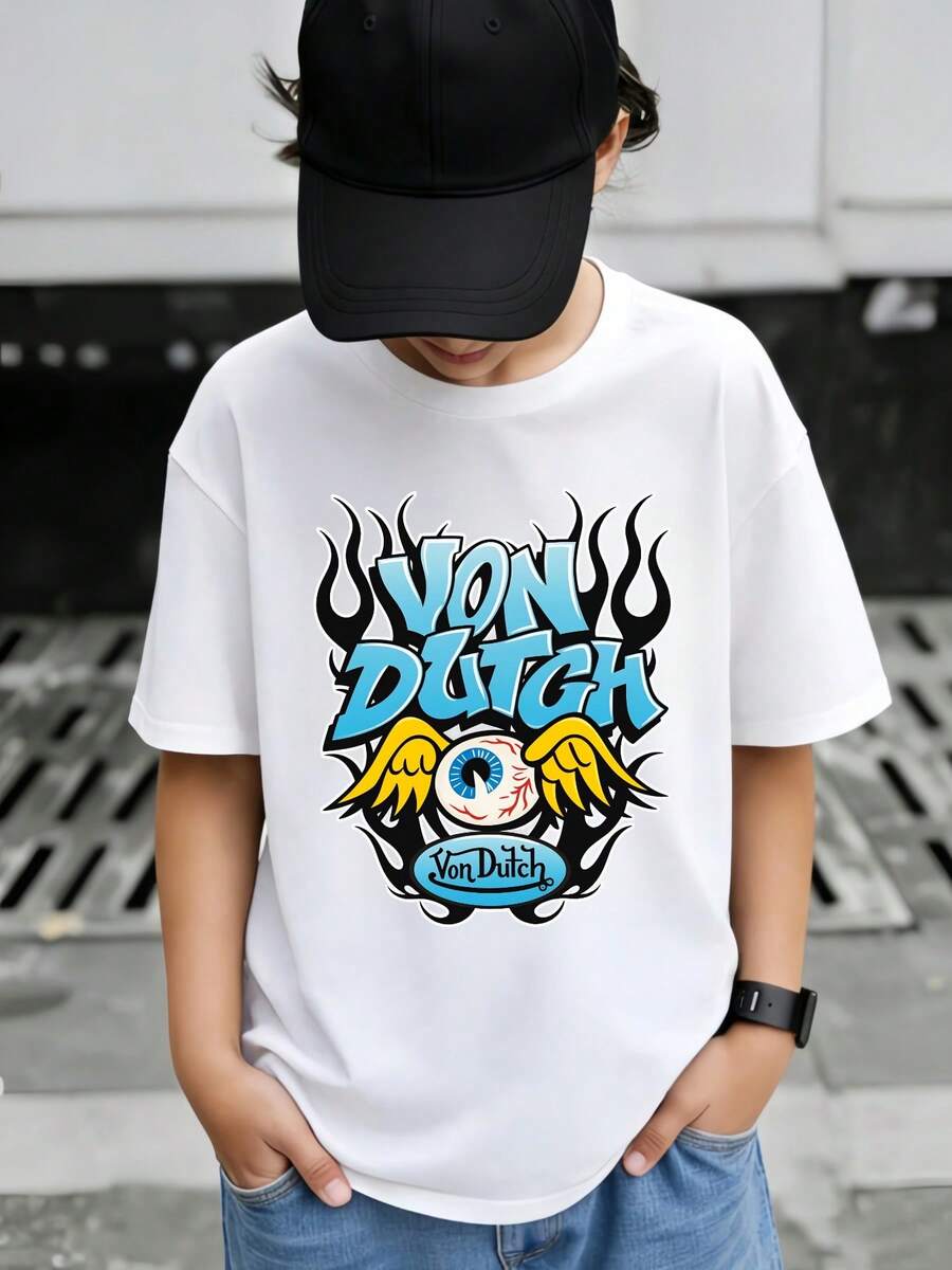 Tween Boy's Shirt Vonn Dutch Eye With Wings And Flames Design On Black T Shirt Graphic Tees Crew Neck Short Sleeve Joy-Bringing Present Unisex Style Gifts For Spring Festival, Valentine's Day, St. Patrick's Day & World Cup-Van Dutch Dragon Print Tween Boy T Shirt Classic Americana Style Graphic Tee - 白色 - 查看 1