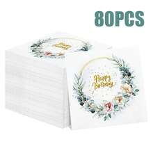 80/40/20pcs 13 * 13 Inch Eucalyptus Leaf Flower Themed Disposable Napkins, Made Of Pink/Light Orange Flowers Forming A Wreath, Paired With Golden Strokes And Hot Stamping The Words "Happy Birthday", Used For Outdoor Birthday Picnics, Family Birthday Banquets, Light Luxury Parties, Wedding Banquets, And Restaurant Decorations - View 2