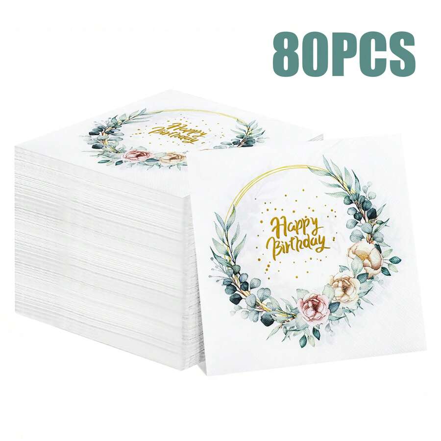 80/40/20pcs 13 * 13 Inch Eucalyptus Leaf Flower Themed Disposable Napkins, Made Of Pink/Light Orange Flowers Forming A Wreath, Paired With Golden Strokes And Hot Stamping The Words "Happy Birthday", Used For Outdoor Birthday Picnics, Family Birthday Banquets, Light Luxury Parties, Wedding Banquets, And Restaurant Decorations