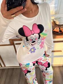 Disney Bộ đồ ngủ nữ tay dài và quần dài in hình đầu chuột hoạt hình, kiểu dáng tối giản, rộng rãi, in họa tiết toàn thân, thoải mái, thích hợp cho mùa xuân/thu. - Nhiều màu - Xem 6