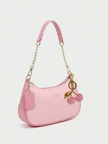 2025新款时尚经典百搭字母图案纯色PU皮革新月形单肩/腋下包，Y2K风格单肩/腋下包，适合购物，可斜挎，粉色 - 粉色 - 查看 3