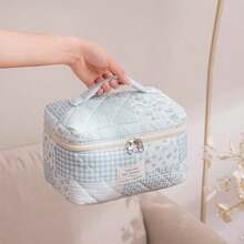 uekeboag - Bolsa de maquillaje acolchada de viaje grande para mujer bolsa de cosméticos de algodón floral bolsa organizadora de artículos de cambiador estética floral - azul Patchwork azul - Ver 4