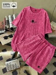 Conjunto mujer 100% algodón, estilo acid wash, camiseta de manga corta y shorts con ajuste de cordón y detalles de estrella minimalista. - Rosa - Ver 1