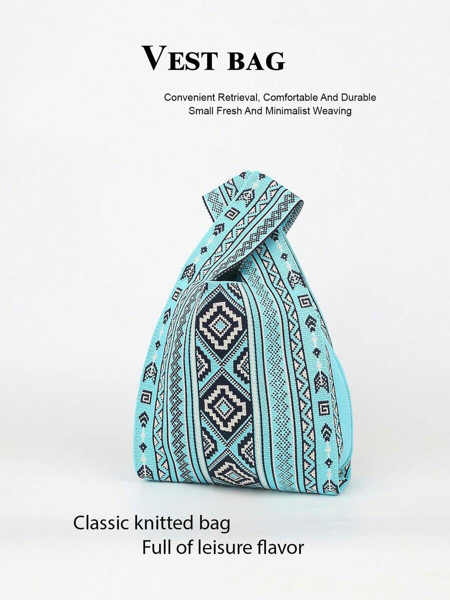 Mini Lightweight Foldable Breathable Multi-Color Knitted Handbag Wristlet, Contrast Color, Suitable For Photography, Vacation, School, Shopping For Women And Female Students - Baby Blue - View 1