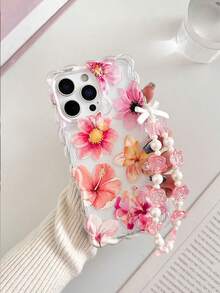 Floral Painted Braided Wave Edge Minimalist Elegant TPU Painted Shockproof Phone Case With Beaded Bracelet Accessory, Compatible With IPhone 17pro/17Air /17/17promax 16/11/16pro/16plus/16promax/16e/15Promax/13/14/12/XS/XR/7G/8PXR /7/8, 15Promax, 13, 14, Soft Case, P12, X, 12/14 Painted TPU Shockproof Soft Case - Multicolor - View 1