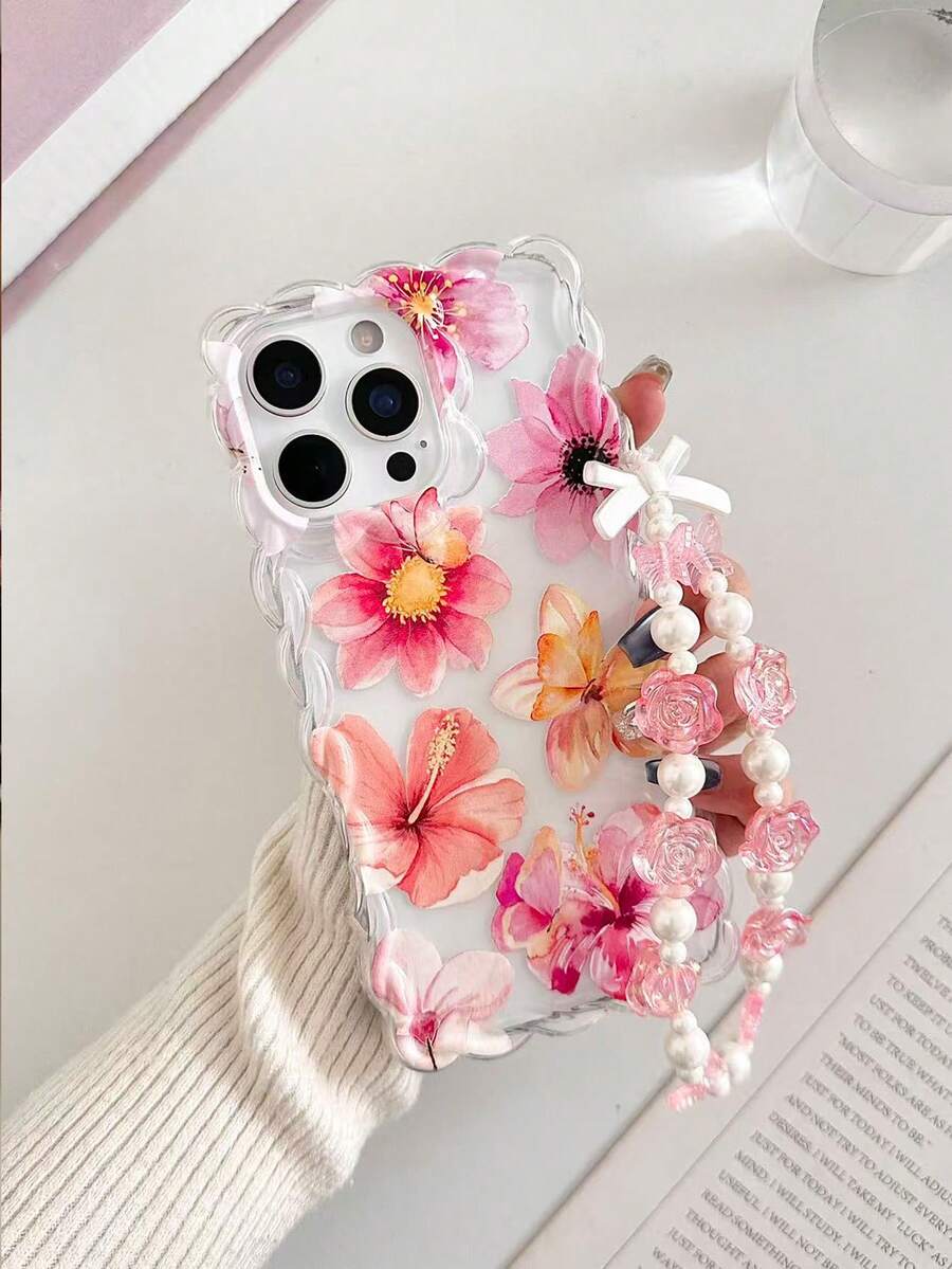 Floral Painted Braided Wave Edge Minimalist Elegant TPU Painted Shockproof Phone Case With Beaded Bracelet Accessory, Compatible With IPhone 17pro/17Air /17/17promax 16/11/16pro/16plus/16promax/16e/15Promax/13/14/12/XS/XR/7G/8PXR /7/8, 15Promax, 13, 14, Soft Case, P12, X, 12/14 Painted TPU Shockproof Soft Case - Multicolor - View 1
