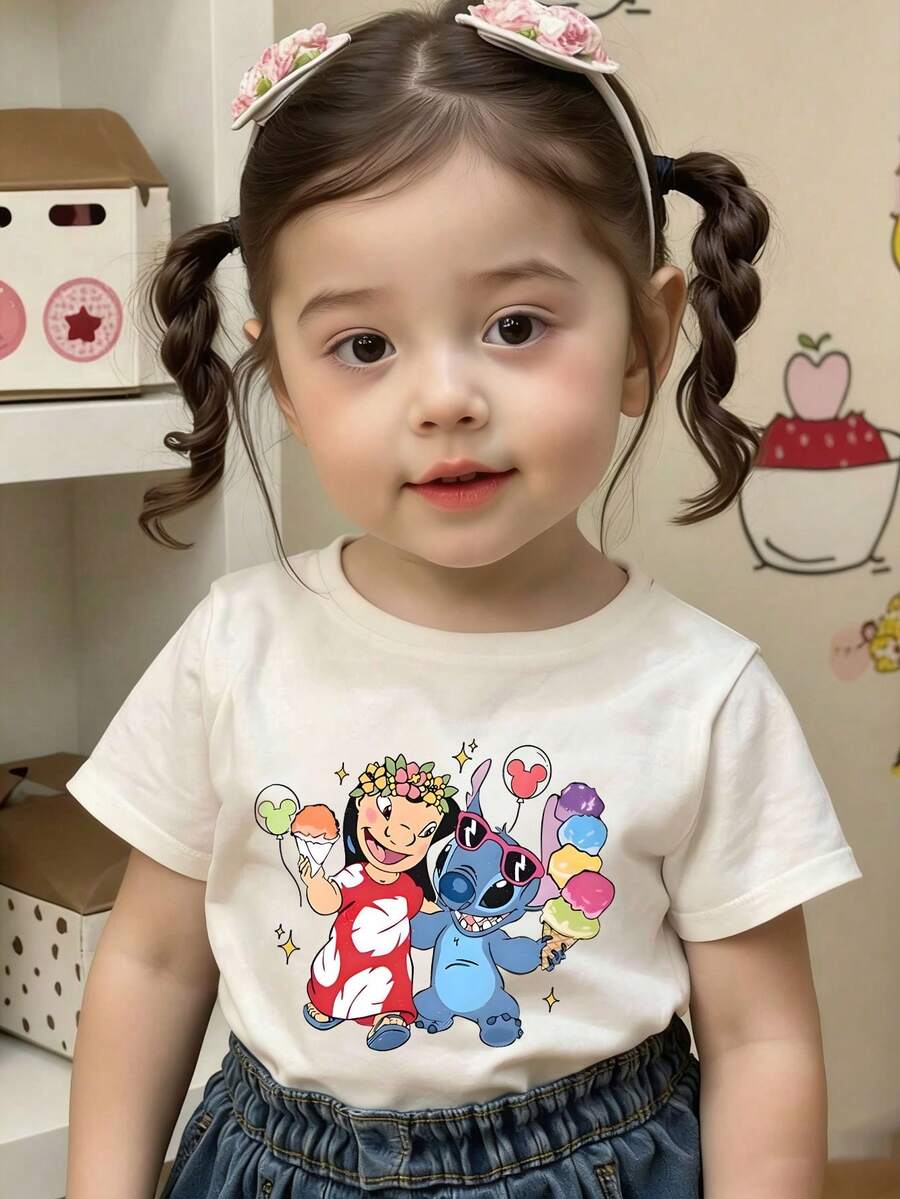 The Disney Casual And Simple Round-Neck Short-Sleeve T-Shirt Features Character Prints Of Stitch And Angel From 'Lilo & Stitch', Designed Specifically For Infants And Toddlers, Suitable For Both Boys And Girls, Making It An Ideal Choice For Summer Wear. - 白色 - 查看 1