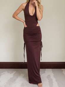 优雅无袖露背修身派对连衣裙，女款，涤纶材质，系带设计，开衩，褶皱细节 - 鏽棕色 - 查看 5