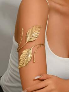 1pc Fashionable Textured 3D Leaf Decor Metal Cuff Bracelet For Women, Minimalist Adjustable Leaf Arm Decoration Suitable For Music Festivals, Parties (Leaf Direction Random) - Gold - View 2