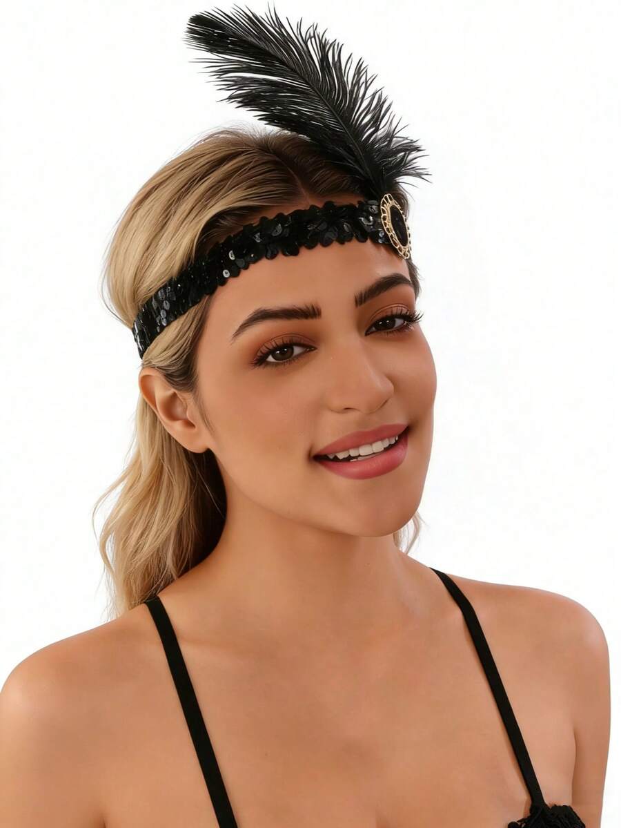 1pc Polyester Sequin Headband, 1920s Style Headpiece, Suitable For Single Ladies Halloween Party, Costume Play, Retro Party, Christmas, Wedding - Multicolor - View 1