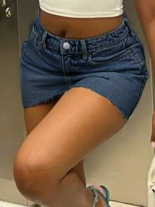 Minifalda vaquera lavada casual nueva de primavera/verano estilo europeo y americano Y2K para mujeres - Azul lavado oscuro - Ver 4