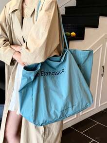 2026 New Model One Shoulder Floral Lace Casual Literary Tote Commuter Canvas Bag, Large Capacity Handbag - Cadet Blue - View 2